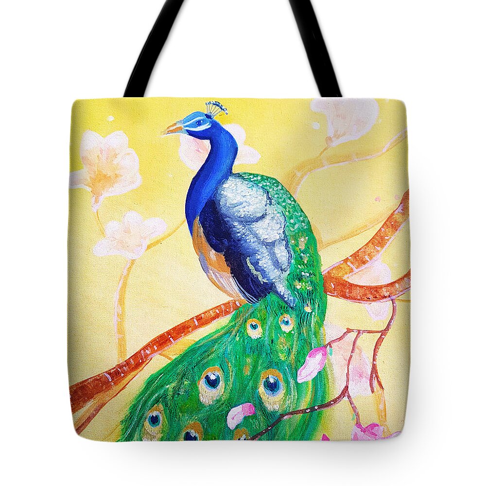 Sunset Tote Bag featuring the painting Sunset Peacock by Rose Lewis