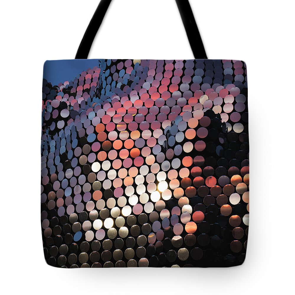 Subtile Tote Bag featuring the photograph Sunset Reflection in Subtile Sculpture by Gary Geddes
