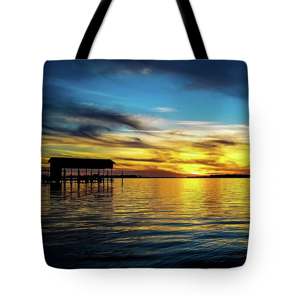 Sunset Tote Bag featuring the photograph Sunset Reflection on Perdido Bay by Beachtown Views
