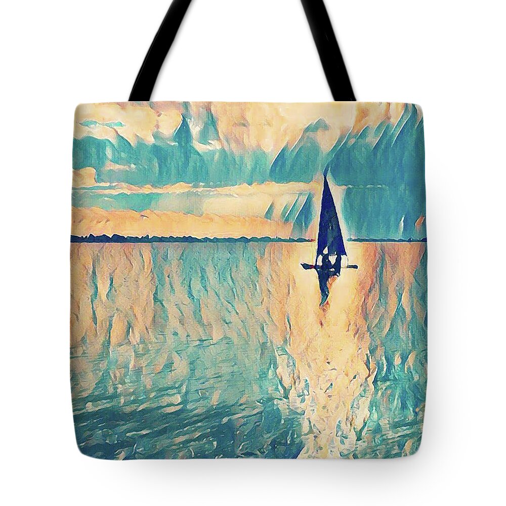Sail Boat Tote Bag featuring the painting Sunset Sailing by Tatiana Fess