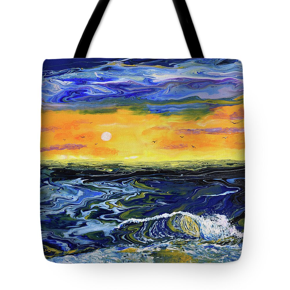 Pour Painting Tote Bag featuring the painting Sunset Seascape in Blue and Yellow by Laura Iverson