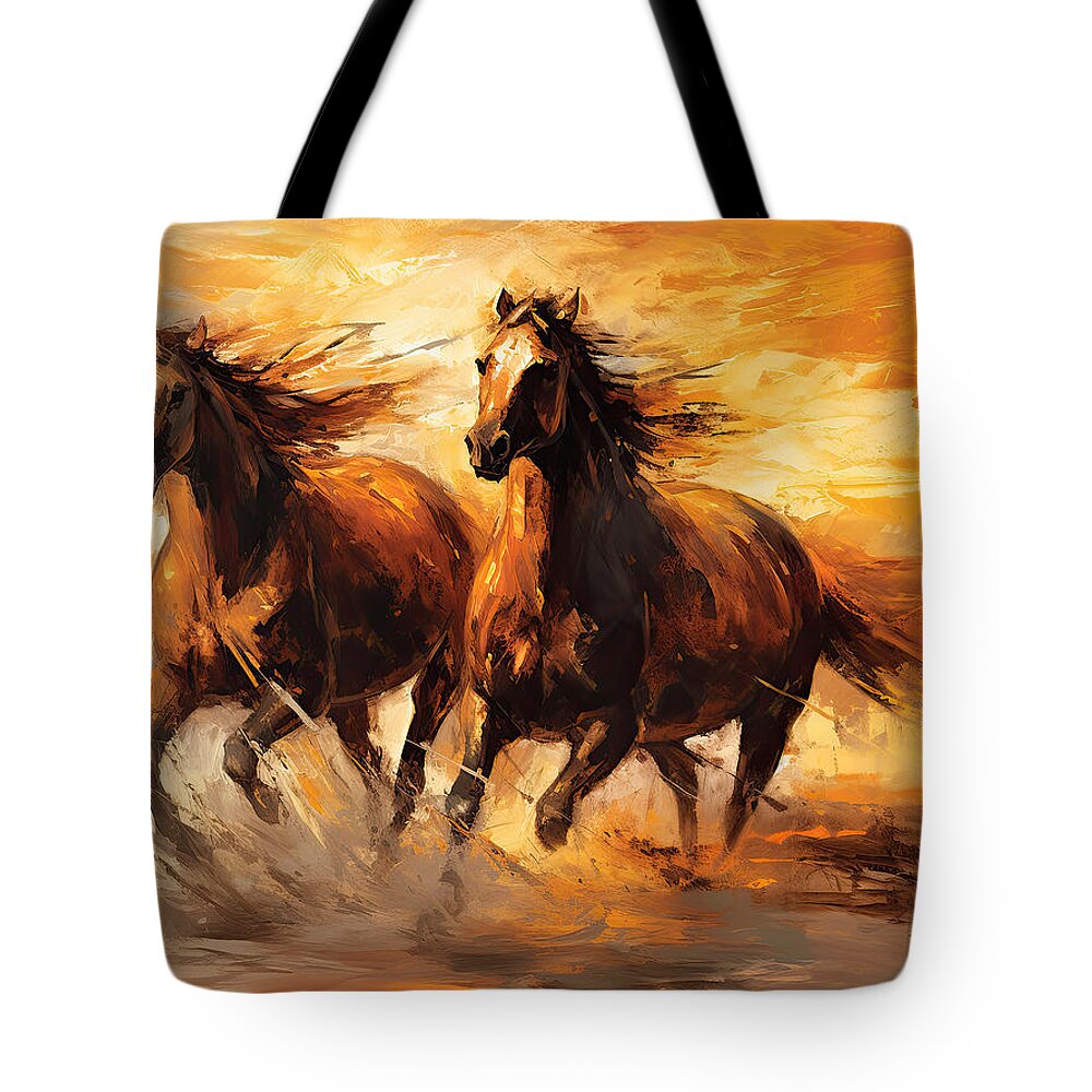 Horse Racing Art Tote Bag featuring the painting Sunset Stride - Wild Horses in the Setting Sun by Lourry Legarde