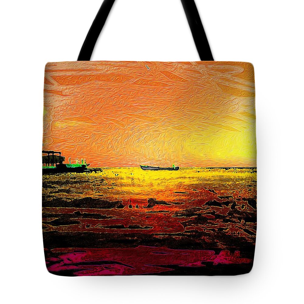 Sunset Waters Tote Bag featuring the digital art Sunset Waters 2 by Aldane Wynter