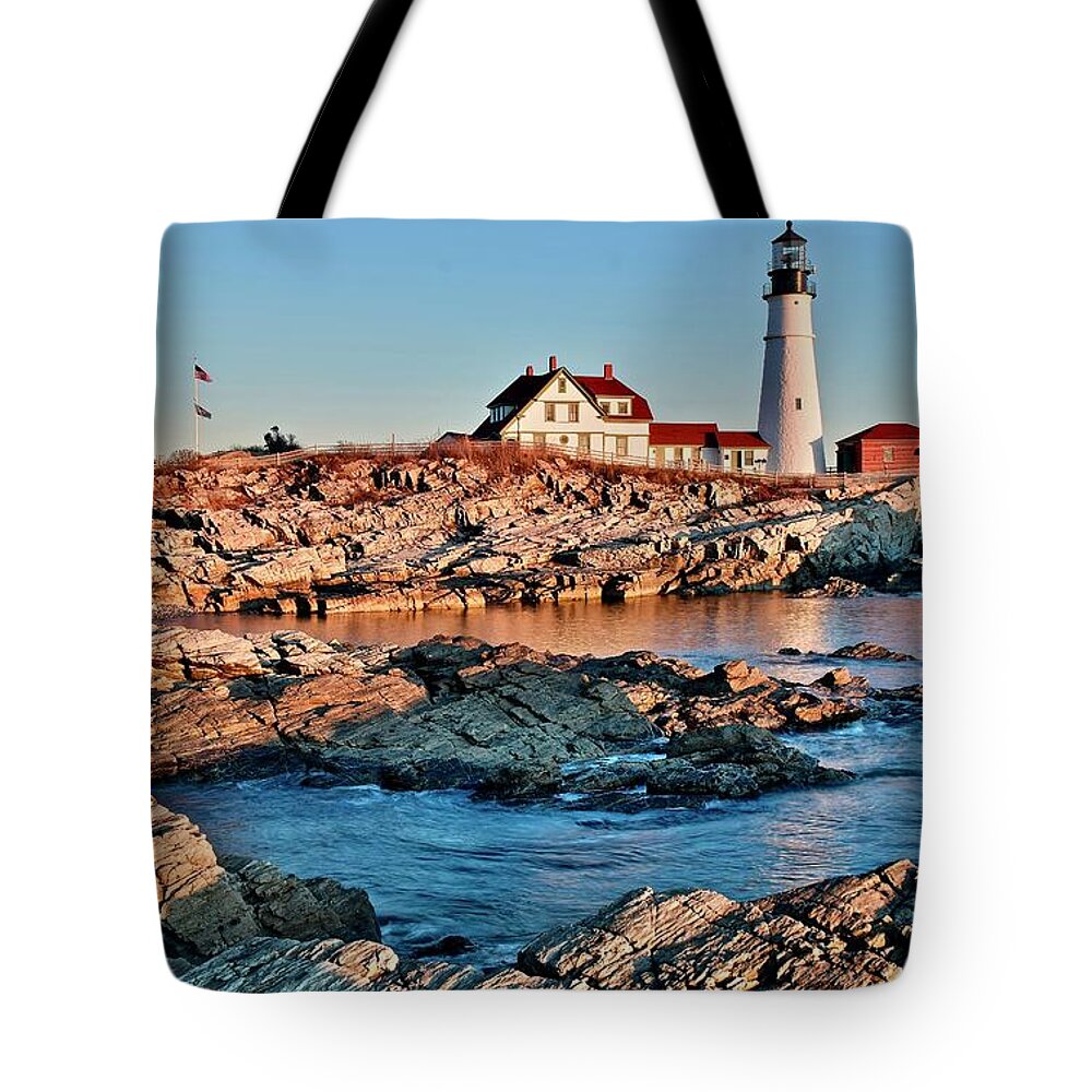 Cape Tote Bag featuring the photograph Sunshine at Portland Head by Frozen in Time Fine Art Photography
