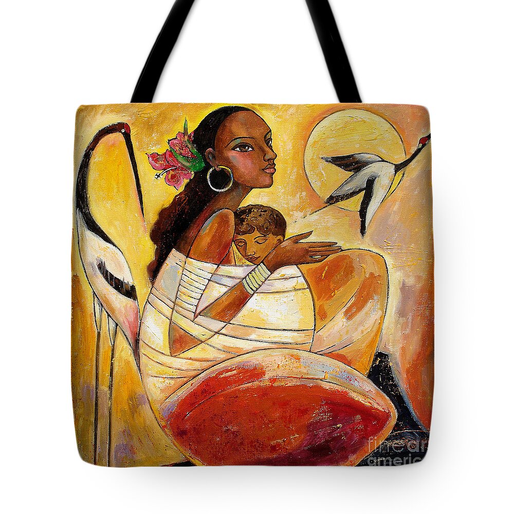 Mother And Child Tote Bag featuring the painting Sunshine Mother and Child by Shijun Munns