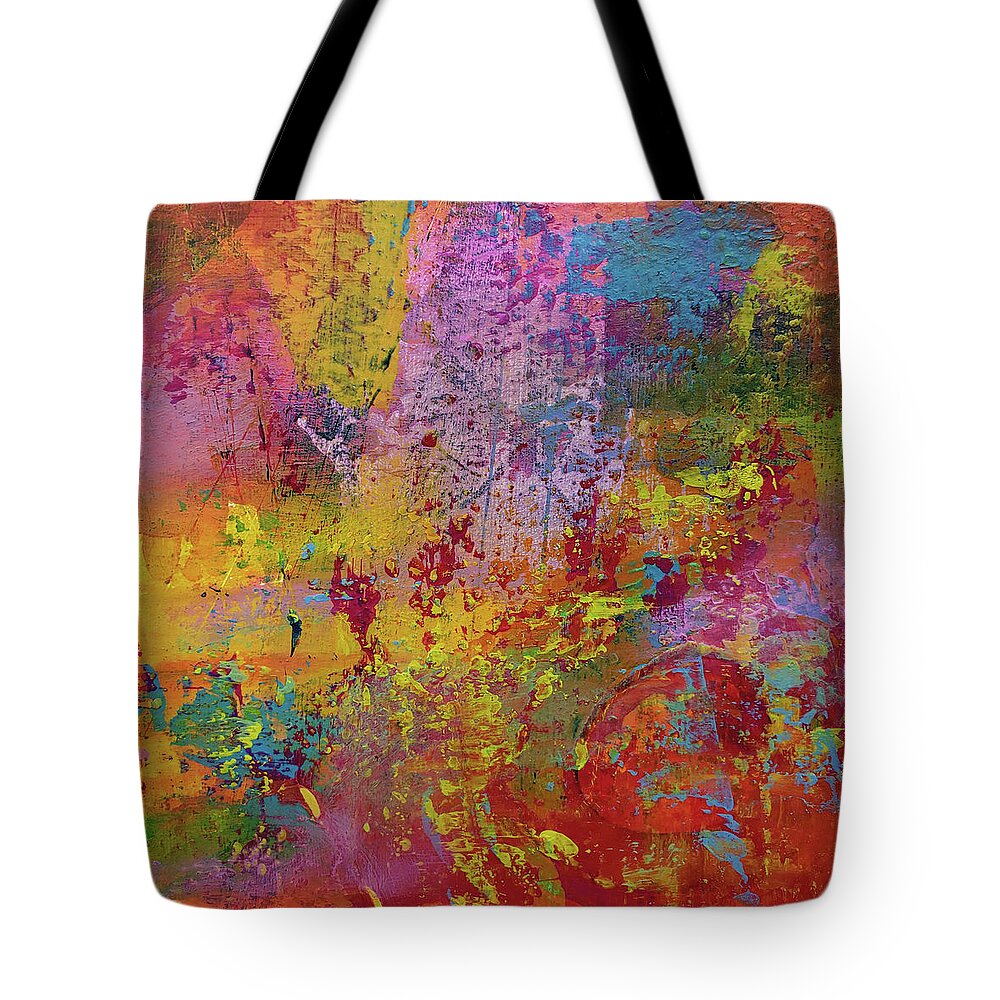 Bright Tote Bag featuring the painting SUPERNOVA 2 Abstract Painting Red Orange Yellow Pink Blue by Lynnie Lang