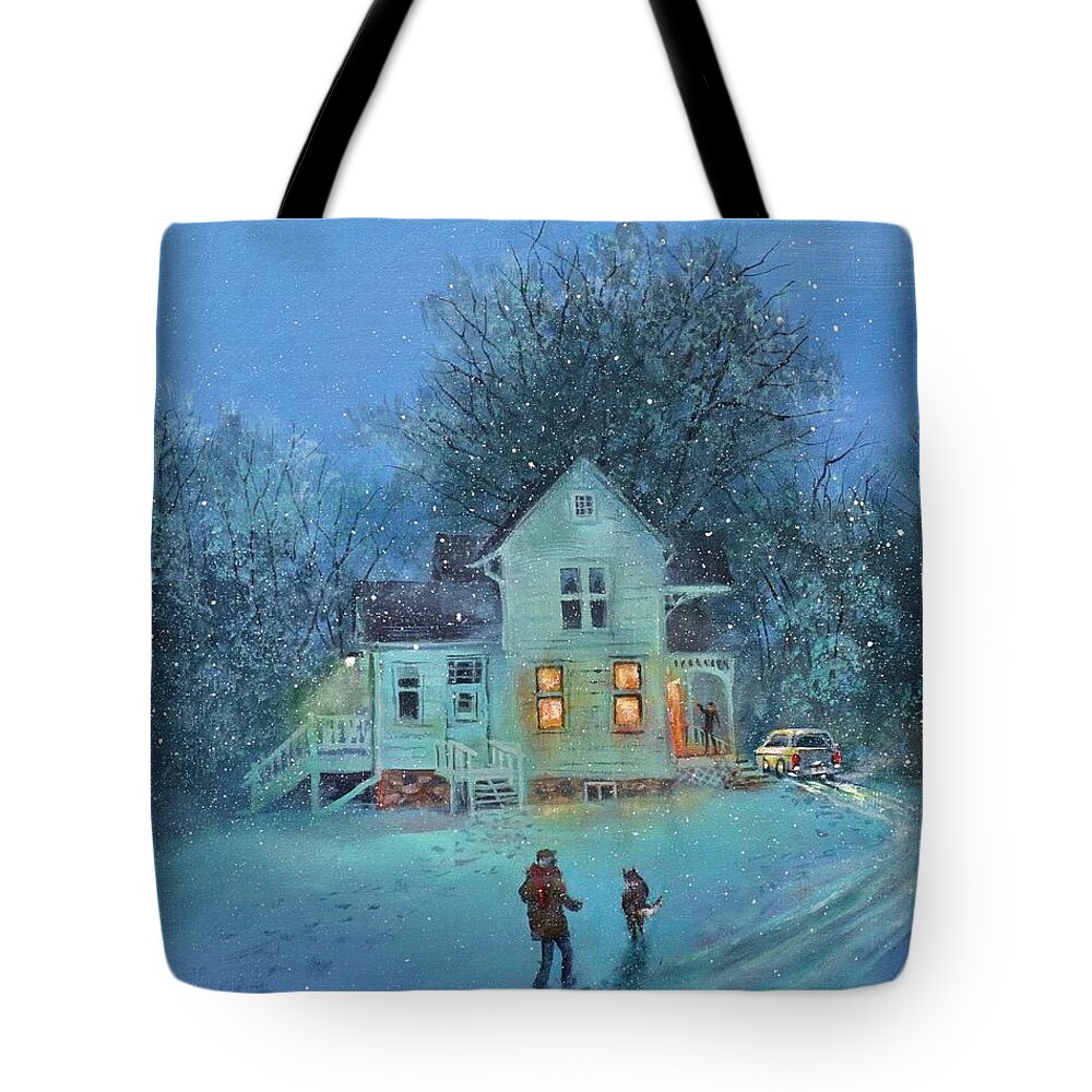 Winter Scene Tote Bag featuring the painting Suppertime At The Farm by Tom Shropshire