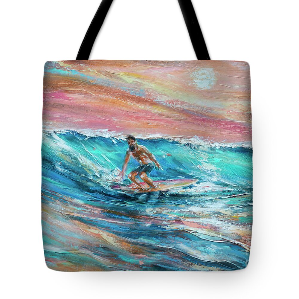 Beach Tote Bag featuring the painting Surfer at Dawn by Linda Olsen