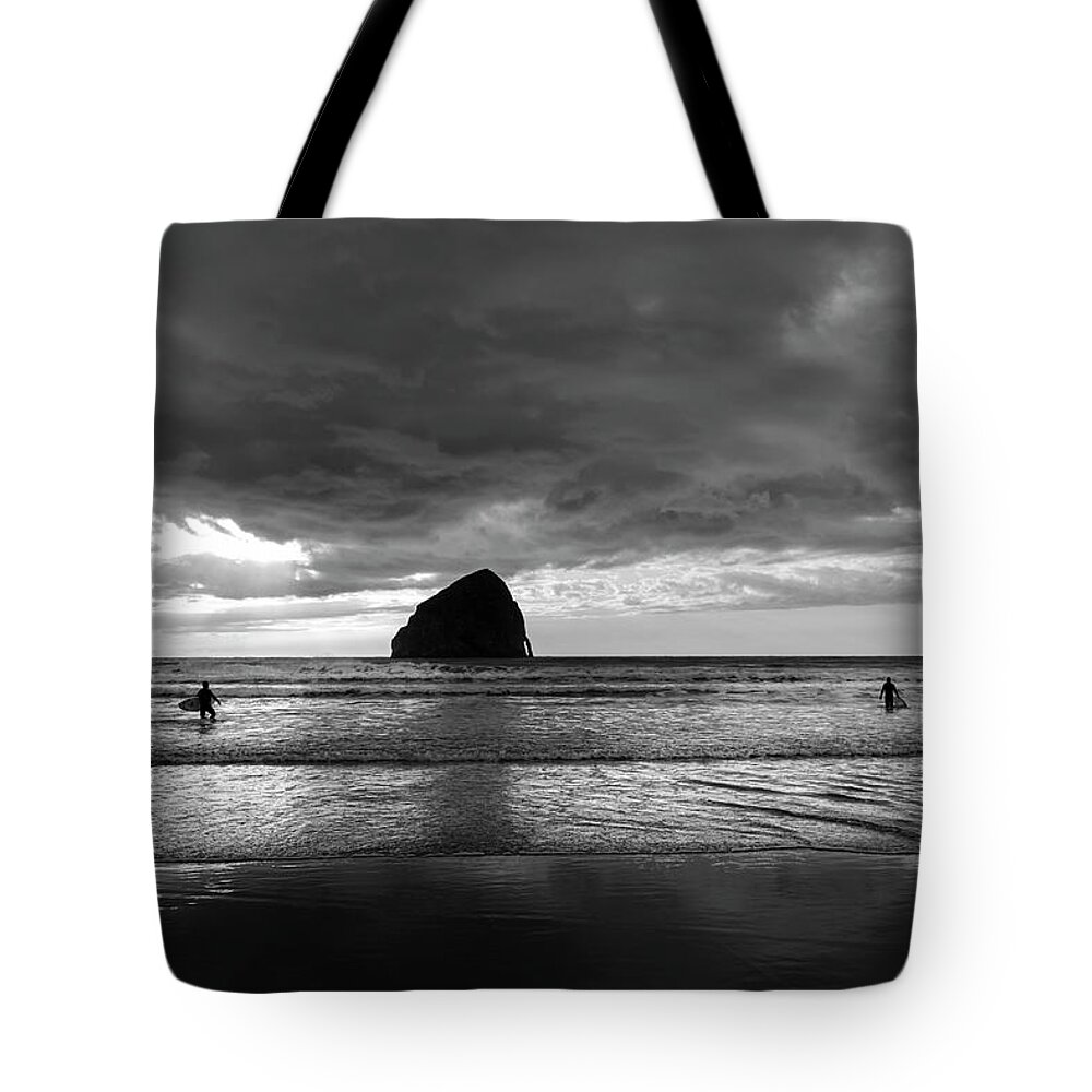 Surfing Tote Bag featuring the photograph Surfing Mono by Steven Clark