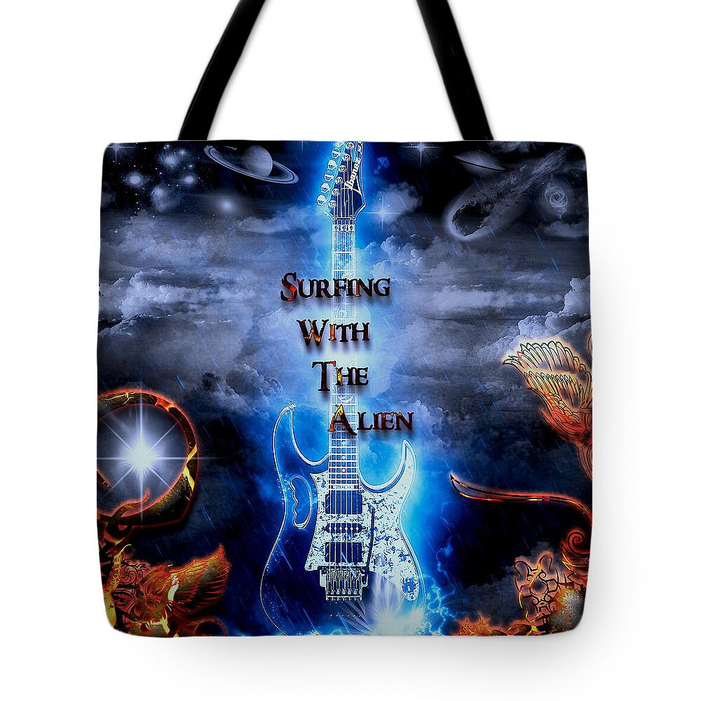 Surfing With The Alien Tote Bag featuring the digital art Surfing With The Alien by Michael Damiani