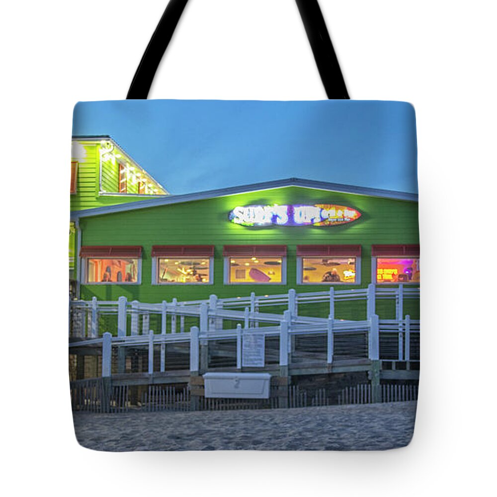 Surfs Up Tote Bag featuring the photograph Surfs Up Grill and Bar - Emerald Isle North Carolina by Bob Decker
