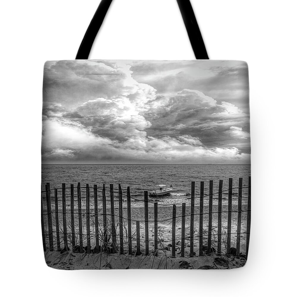 Boats Tote Bag featuring the photograph Surfside in Black and White by Debra and Dave Vanderlaan