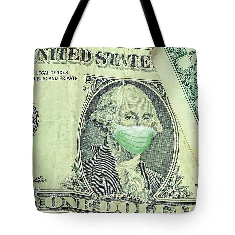 Mask Tote Bag featuring the photograph Surgical mask on George Washington one American dollar by Benny Marty