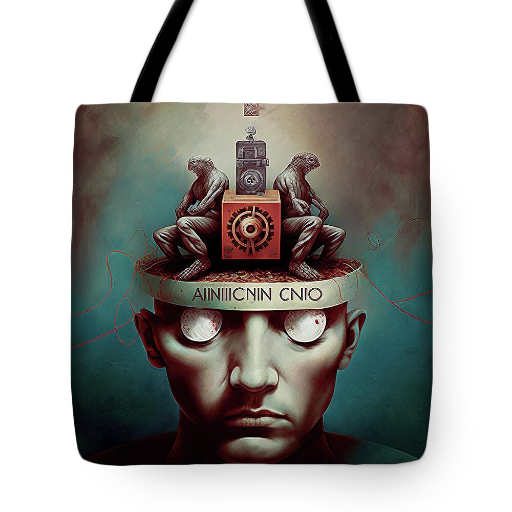 Mind Control Tote Bag featuring the digital art Surreal Art 14 Mind Control Man Portrait by Matthias Hauser