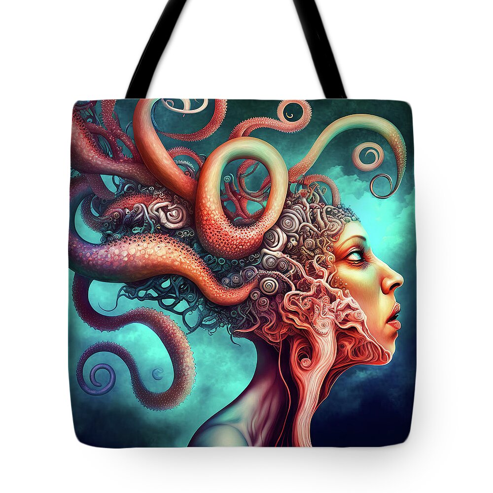 Octopus Tote Bag featuring the digital art Surreal Hybrid Creature 01 Octopus and Human by Matthias Hauser