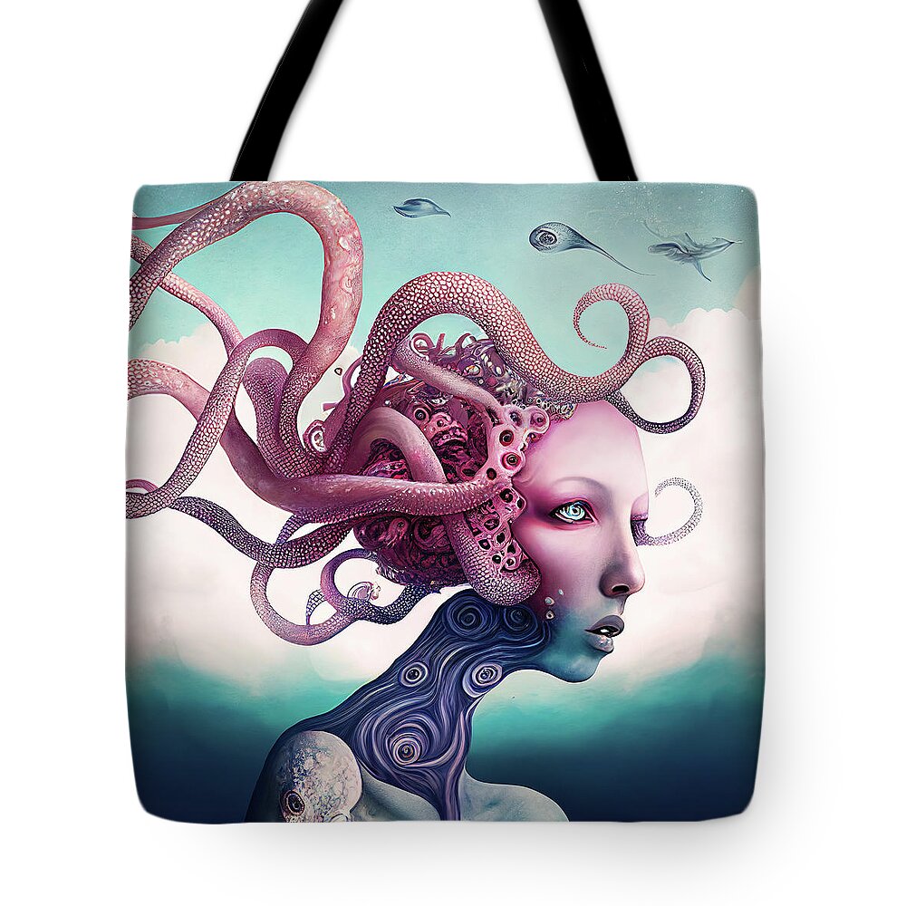Octopus Tote Bag featuring the digital art Surreal Hybrid Creature 02 Octopus and Human by Matthias Hauser
