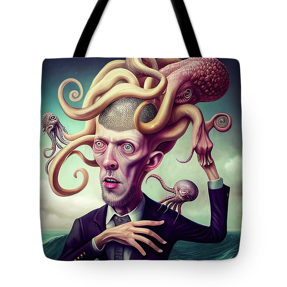 Octopus Tote Bag featuring the digital art Surreal Hybrid Creature 03 Octopus and Human by Matthias Hauser
