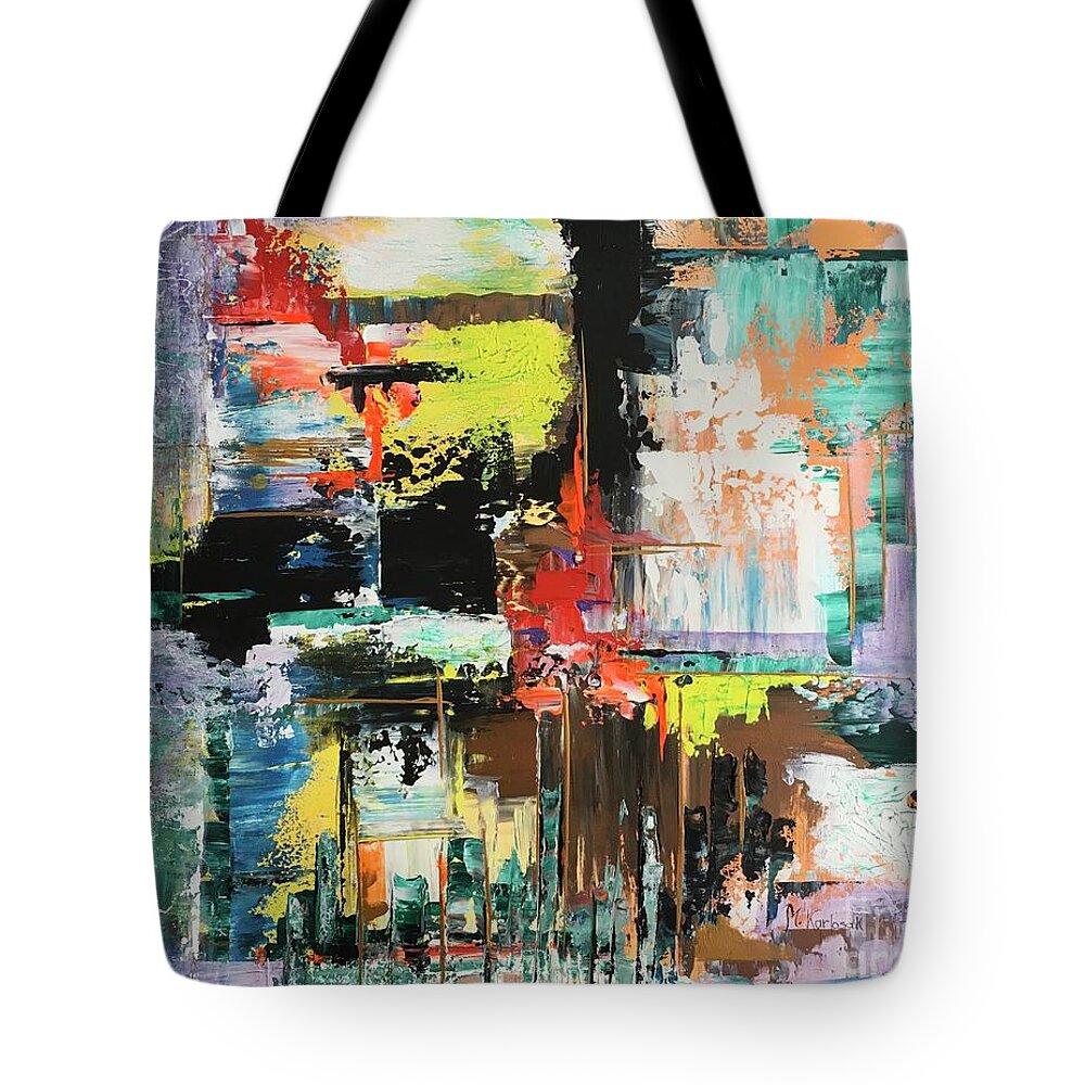 Abstract Tote Bag featuring the painting Surrounded by Maria Karlosak