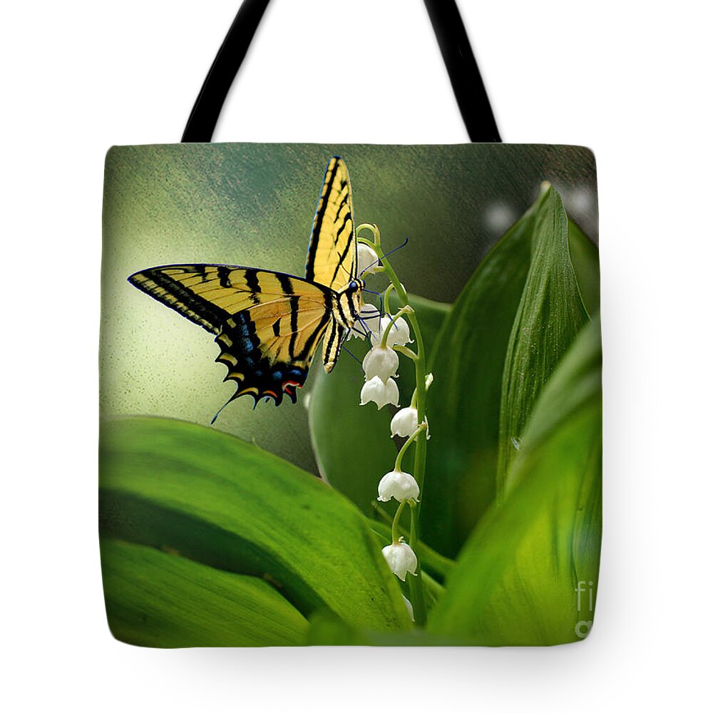 Butterfly Butterfly On Flower Tote Bag featuring the mixed media Swallowtail on Lily of the Valley by Morag Bates