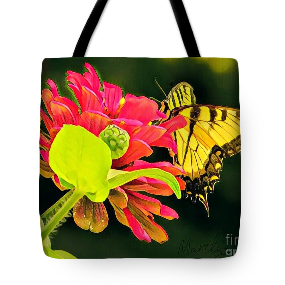 Butterfly Tote Bag featuring the painting Swallowtail on Zinnia by Marilyn Smith