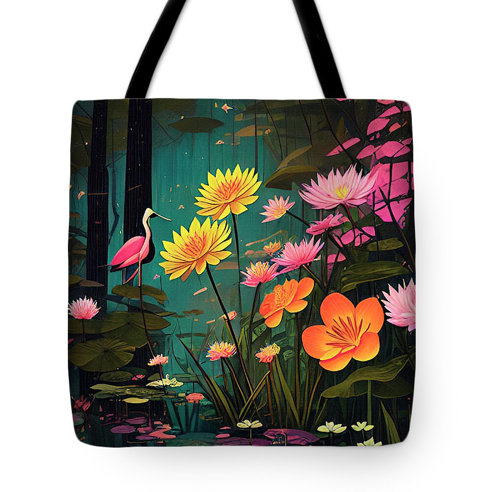 Magical Nature Tote Bag featuring the digital art Swamp Magic Flowers Birds Black Water Lily Pads by Ginette Callaway