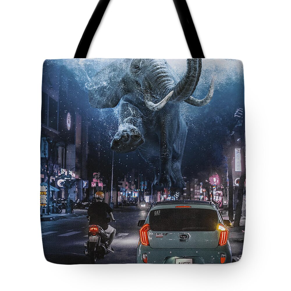 Urban Tote Bag featuring the digital art Swimming Elephant by Swissgo4design