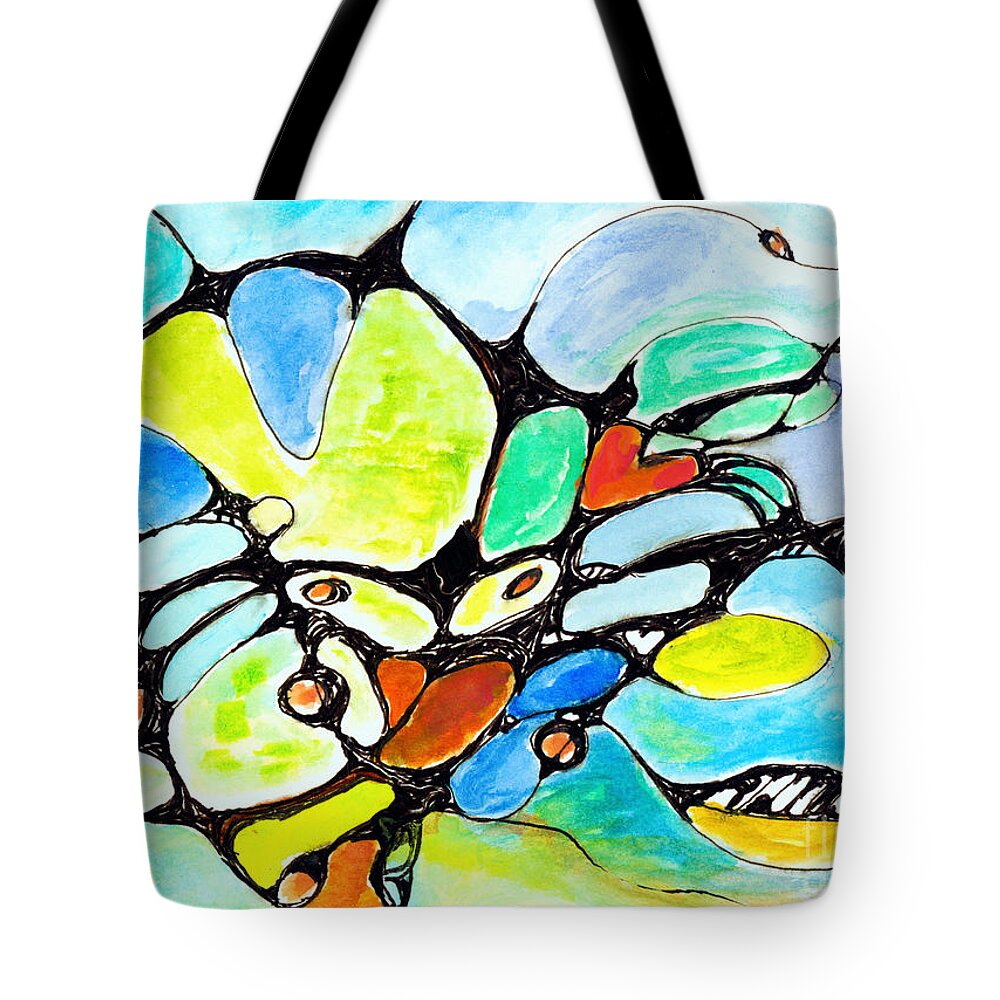 Neurographic Tote Bag featuring the mixed media Swimming Turtle Island by Zsanan Studio