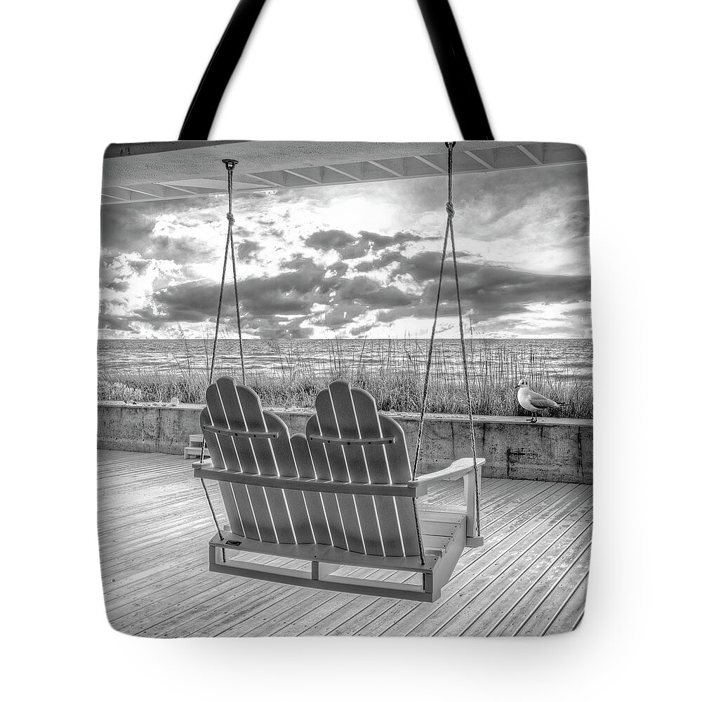 Bird Tote Bag featuring the photograph Swing at the Beach in Square Black and White by Debra and Dave Vanderlaan