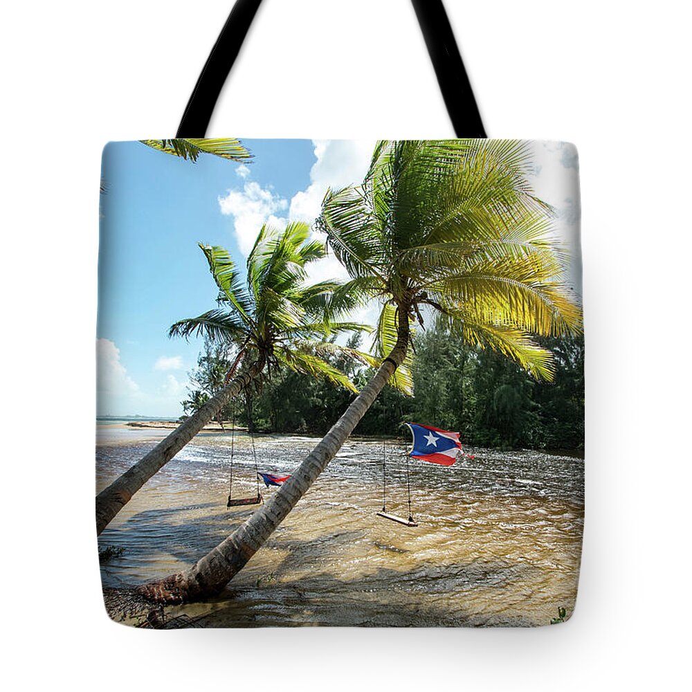 Swinging Tote Bag featuring the photograph Swinging Under The Palm Trees, Loiza, Puerto Rico by Beachtown Views