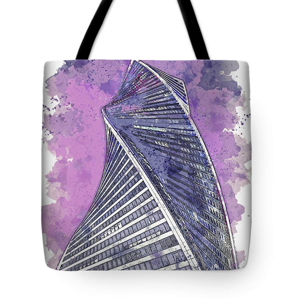 Swirl Tote Bag featuring the painting Swirling Building 3, ca 2021 by Ahmet Asar, Asar Studios by Celestial Images