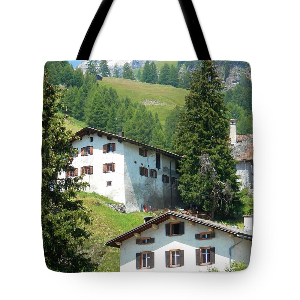Switzerland Tote Bag featuring the photograph Swiss Mountain Town, Spluegen by Claudia Zahnd-Prezioso