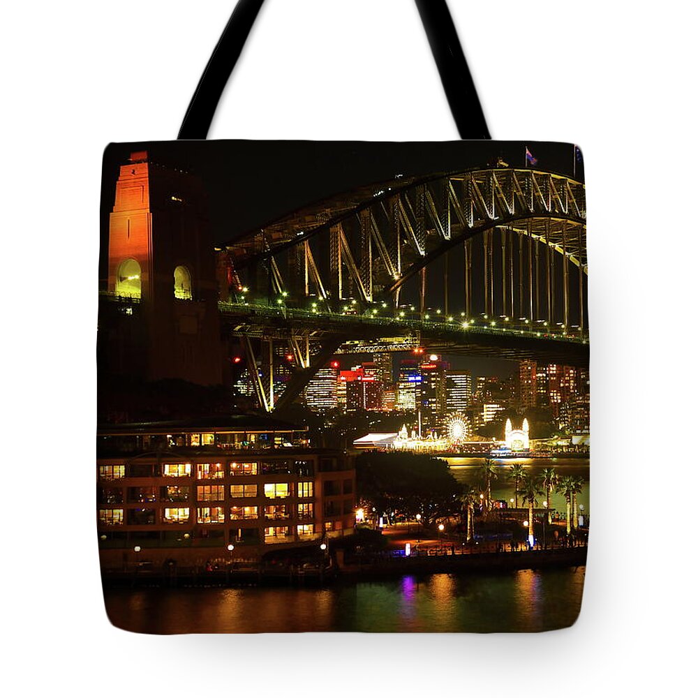 Cityscape Tote Bag featuring the photograph Sydney Harbor Bridge VIVID Festival by Diana Mary Sharpton