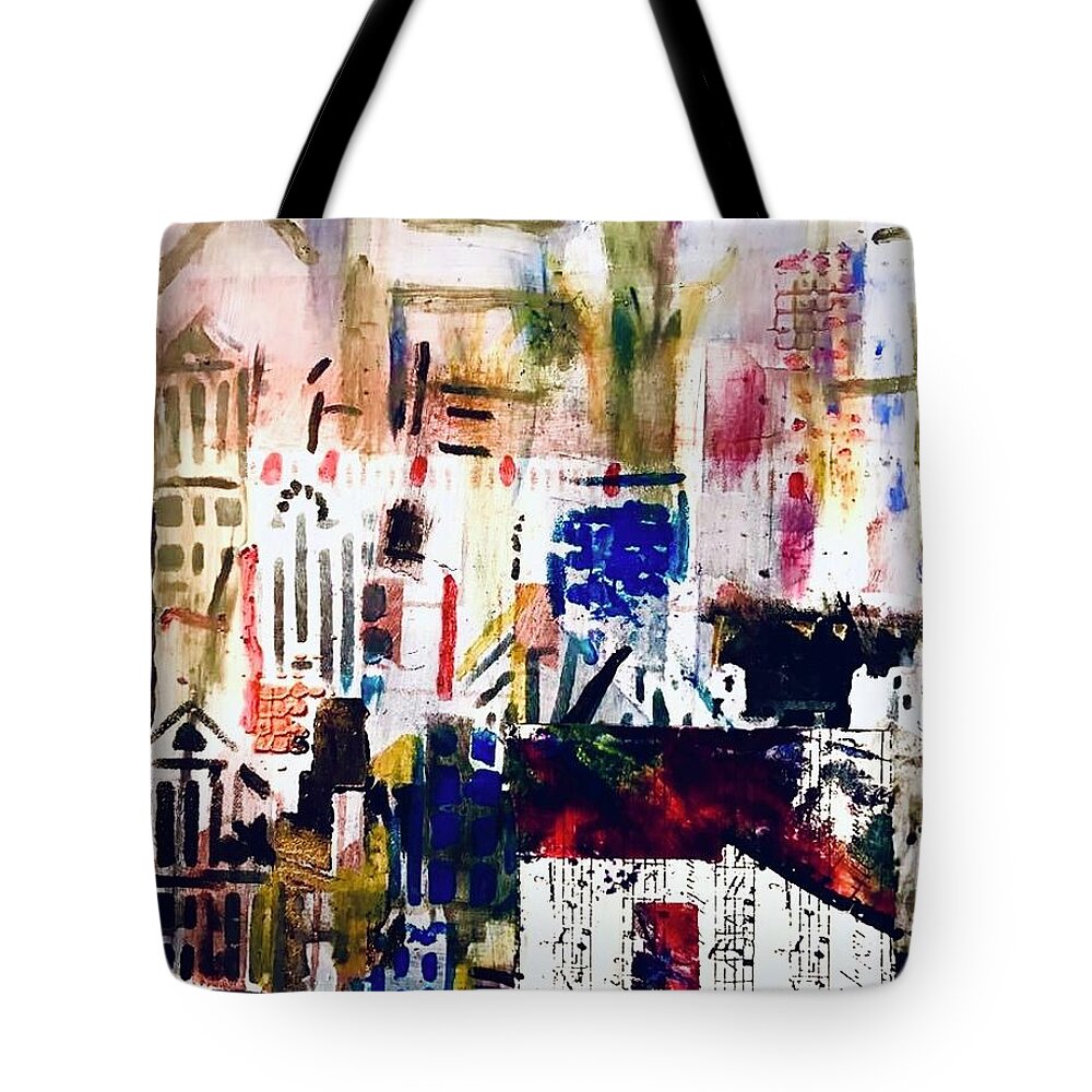 Houses Tote Bag featuring the painting Symphony Village by Tommy McDonell