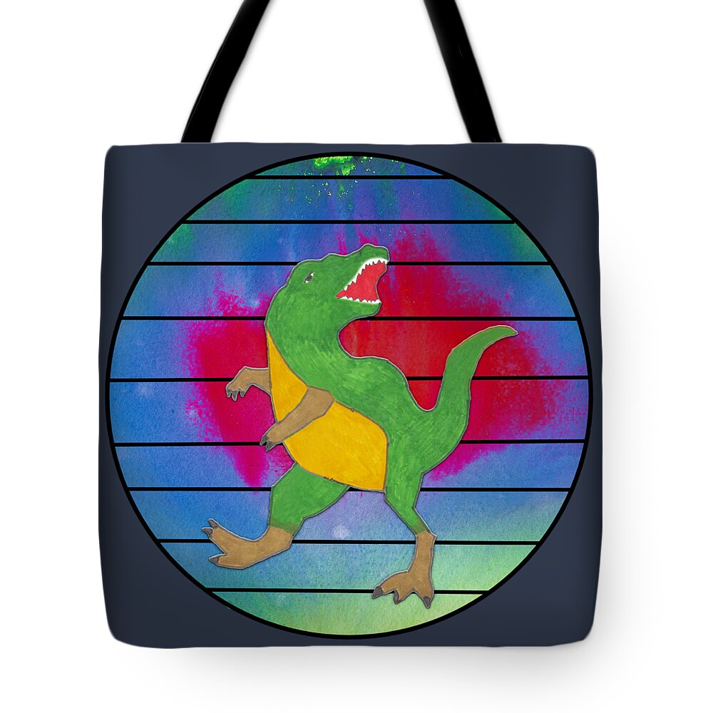  Tyrannosaurus Tote Bag featuring the mixed media T-Rex in an Abstract Colorful Circle with Lines by Ali Baucom