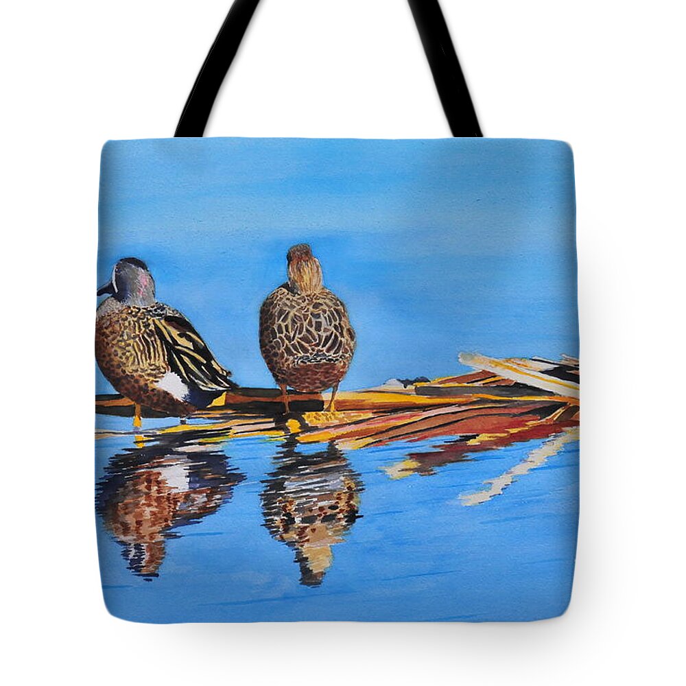 Ducks Tote Bag featuring the painting Table for Two by John W Walker