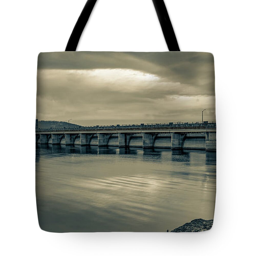 Table Rock Lake Tote Bag featuring the photograph Table Rock Lake Dam Sepia Panorama by Gregory Ballos