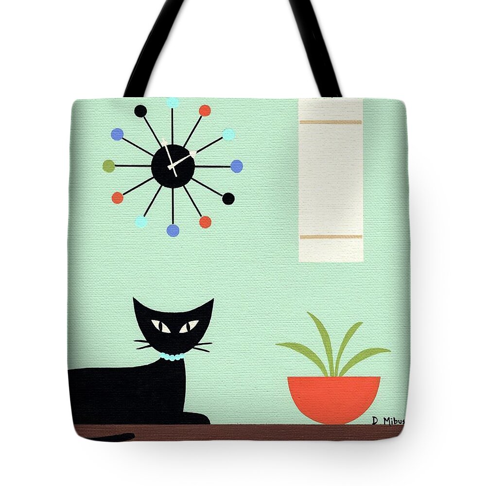 Mid Century Modern Tote Bag featuring the painting Tabletop Cat Green Background by Donna Mibus