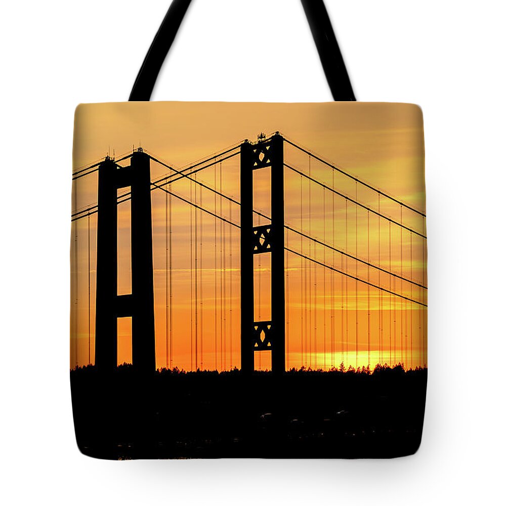 Tacoma Tote Bag featuring the photograph Tacoma Narrows Bridges Fiery Sunset by Rob Green