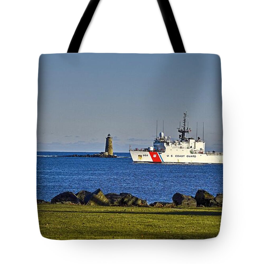 Uscgc Tahoma Tote Bag featuring the photograph Tahoma Passes Whaleback Lighthouse by Steve Brown