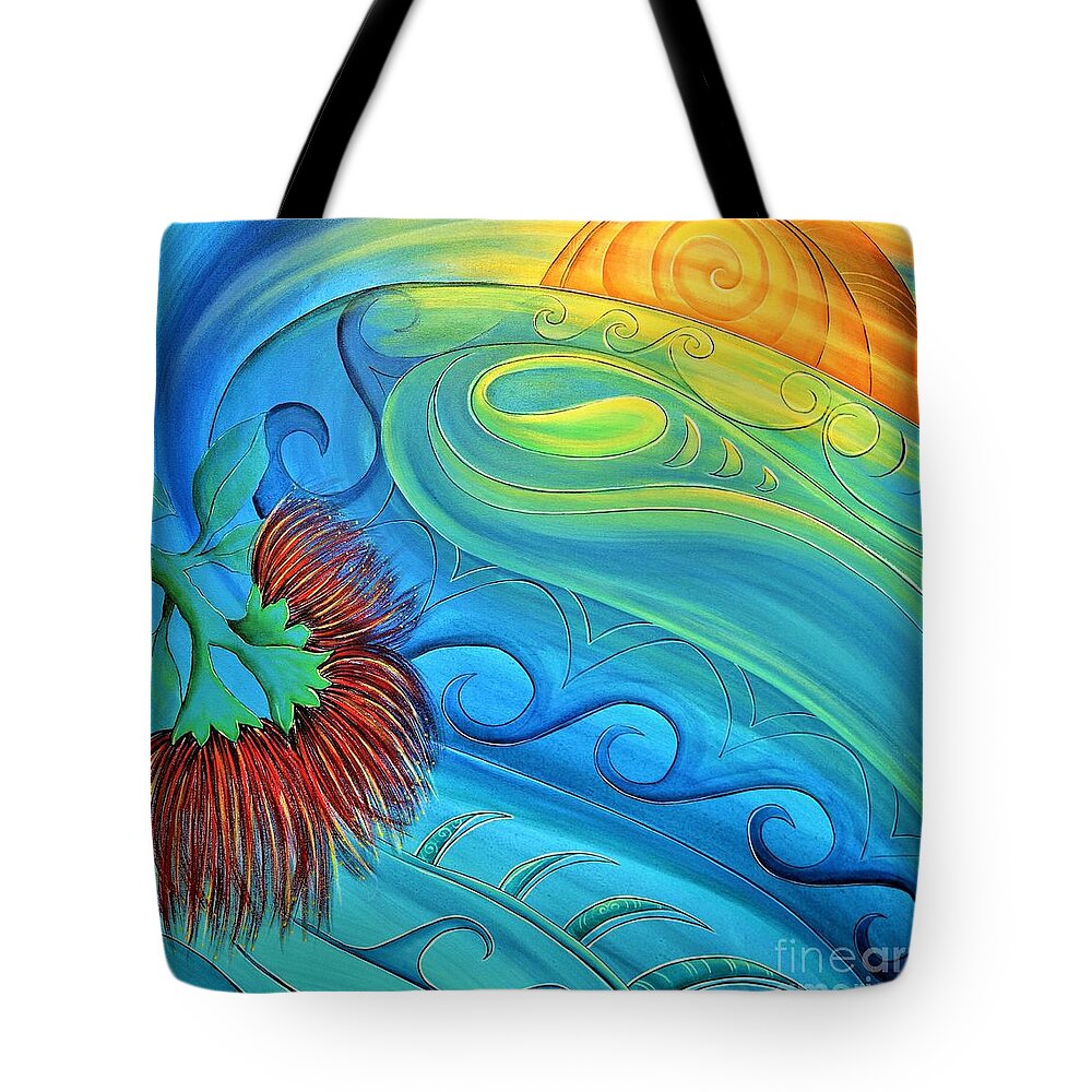 Sunrise Tote Bag featuring the painting Tairua Sunrise by Reina Cottier