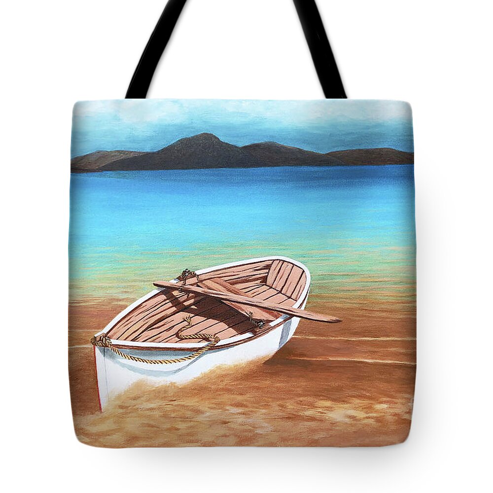 Boats In The Sand Tote Bag featuring the painting TAKING A BOW IN SANTORINI- Prints of Oil Painting by Mary Grden