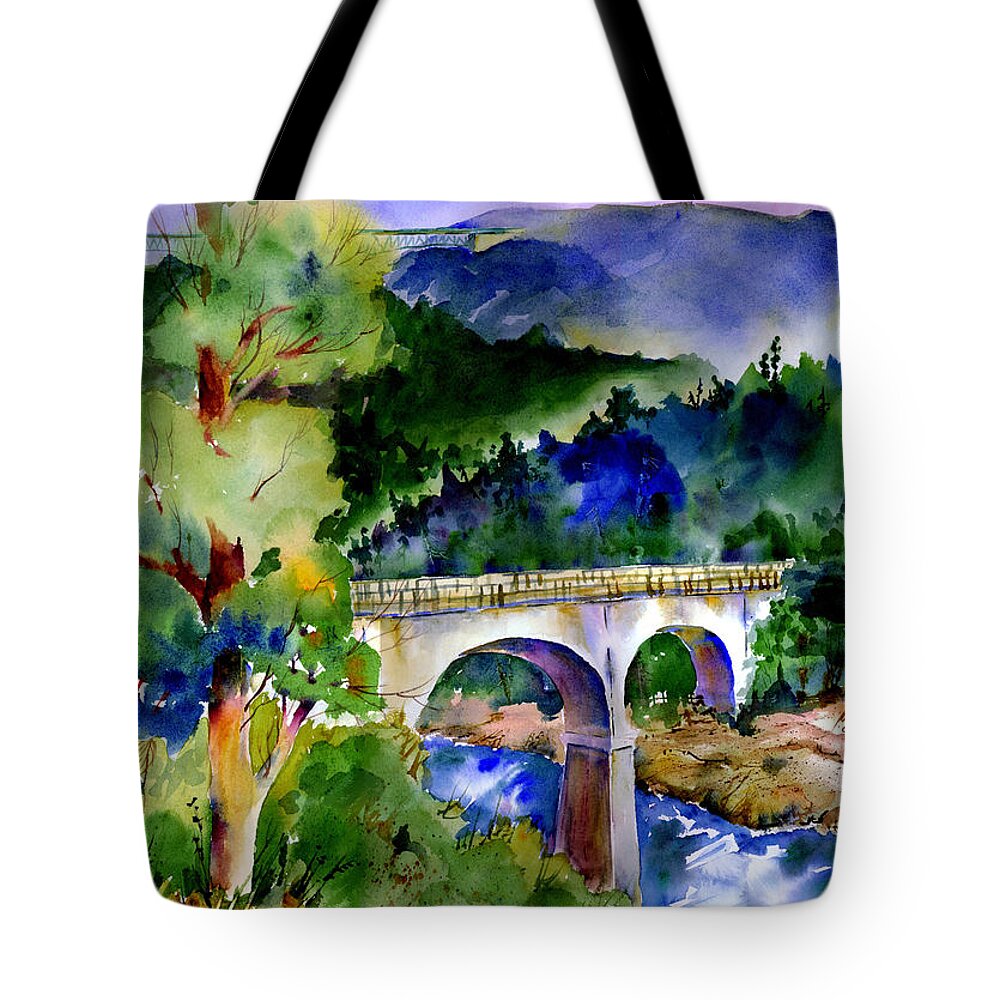 No Hands Bridge Tote Bag featuring the painting Tale of Two Bridges by Joan Chlarson