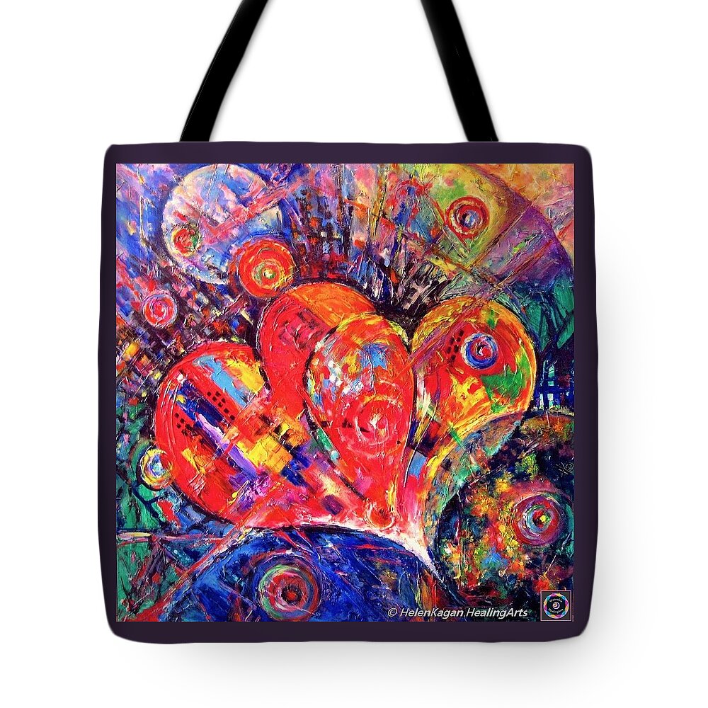 Contemporary Tote Bag featuring the painting Tales of The Hearts. series EnergyArt by Helen Kagan
