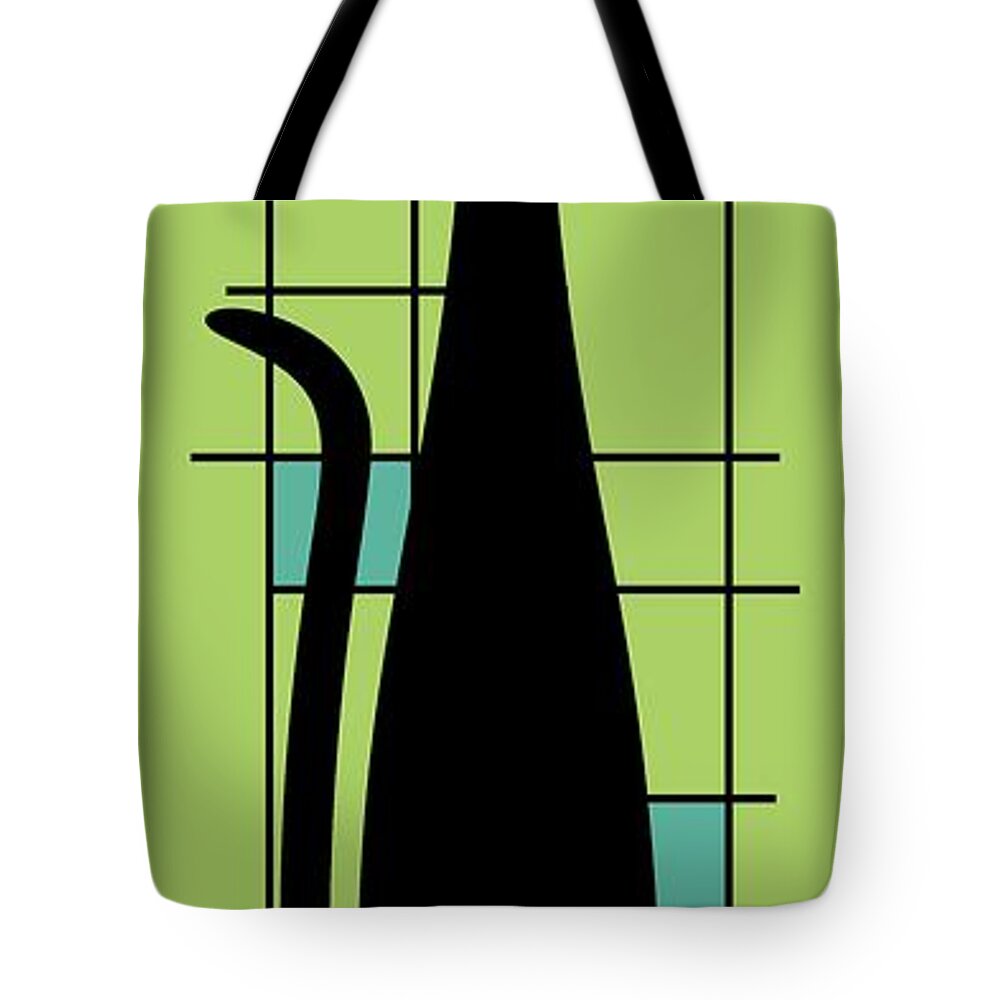 Mid Century Modern Cat Tote Bag featuring the digital art Tall Mondrian Cat on Green by Donna Mibus