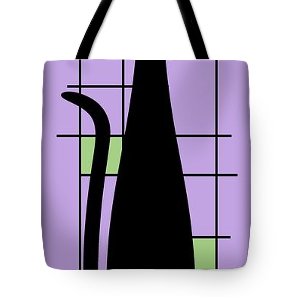 Mid Century Modern Cat Tote Bag featuring the digital art Tall Mondrian Cat on Purple by Donna Mibus