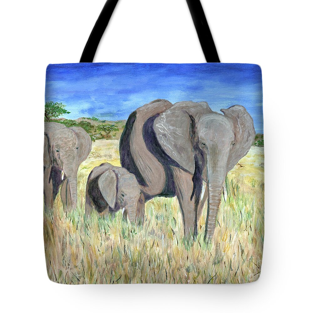 Timothy Hacker Tote Bag featuring the painting Tanzania Elephant Family 2 by Timothy Hacker