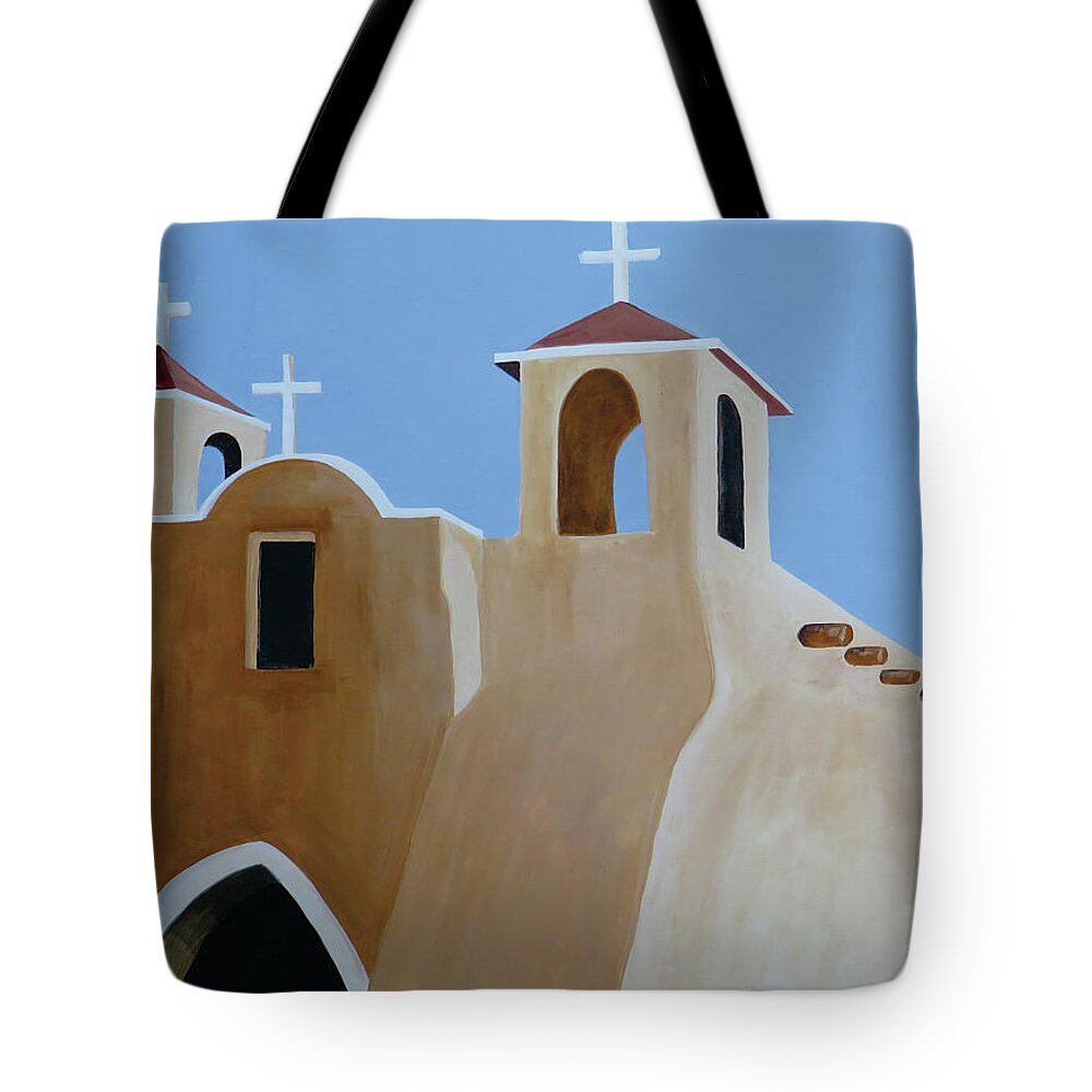 Taos Tote Bag featuring the painting Taos Church One by Ted Clifton