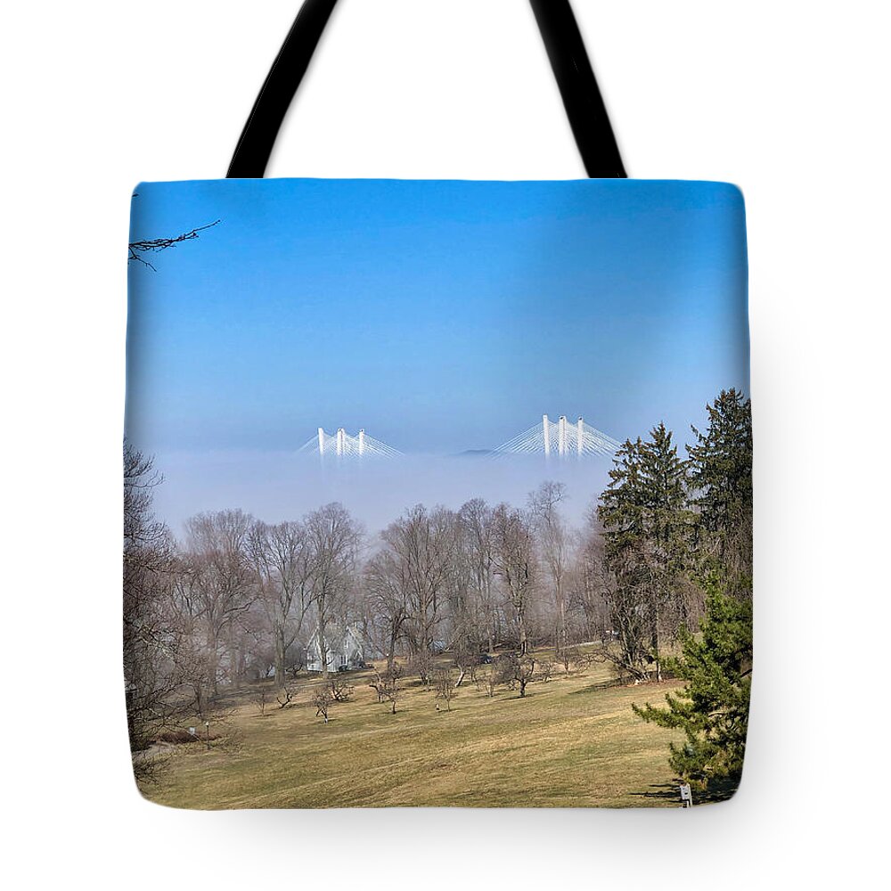 Sky Tote Bag featuring the photograph Tappan Zee Bridge Fog and Eagle by Russ Considine