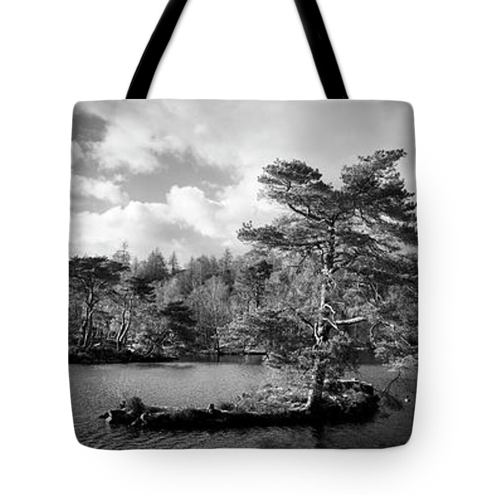 Panorama Tote Bag featuring the photograph Tarn Hows BLakc and White Lake District by Sonny Ryse