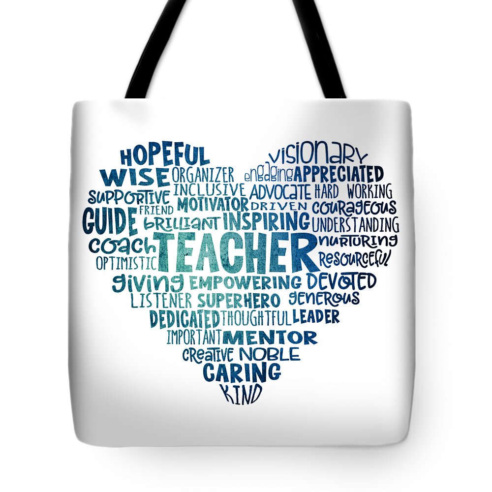 Teacher Tote Bag featuring the digital art Teacher Word Cloud Heart in Blue by Laura Ostrowski